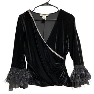Velour and Feather Vintage Y2K Blouse with Sequin Accent